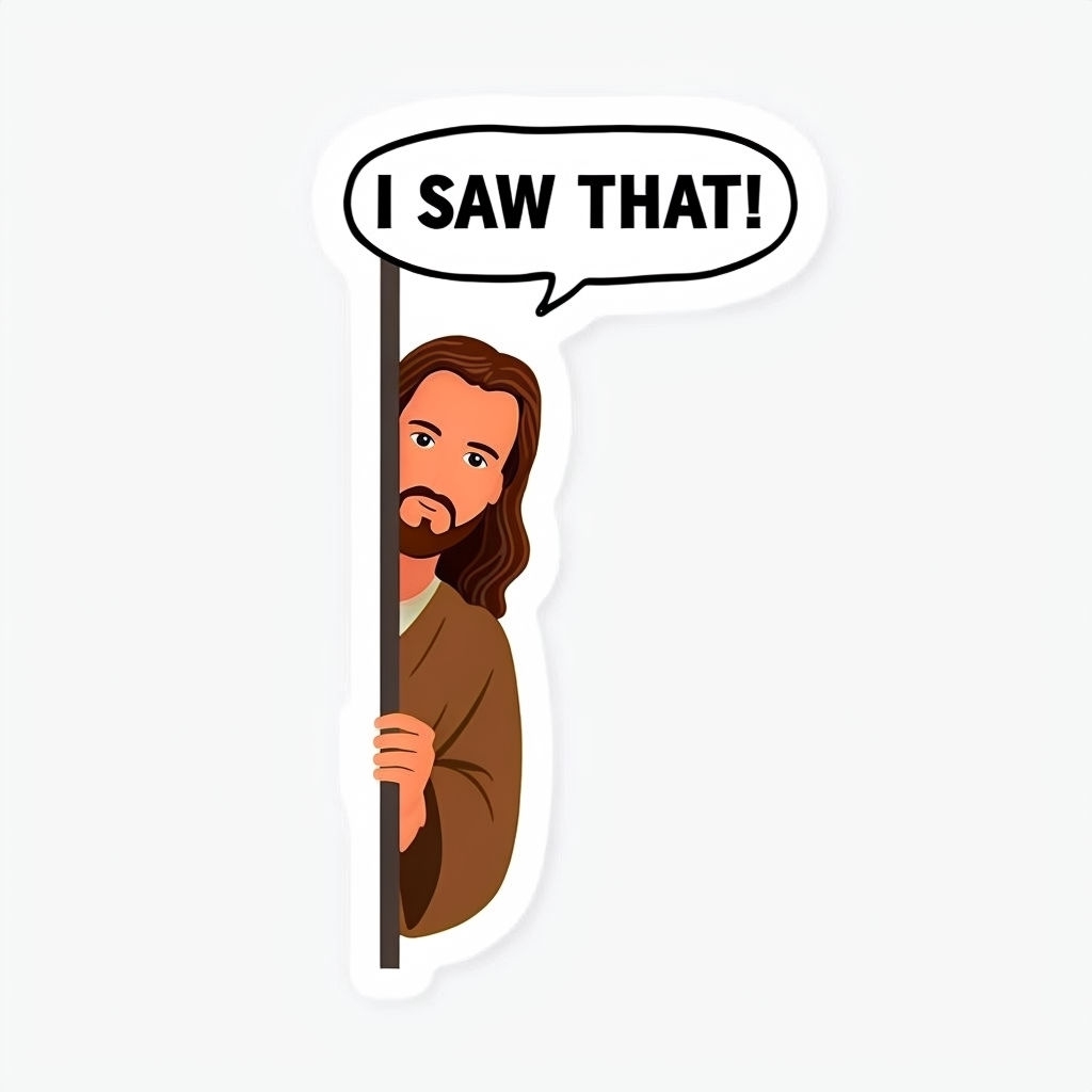 Peeking Jesus Cartoon Sticker with Fun 'I Saw That!' Text