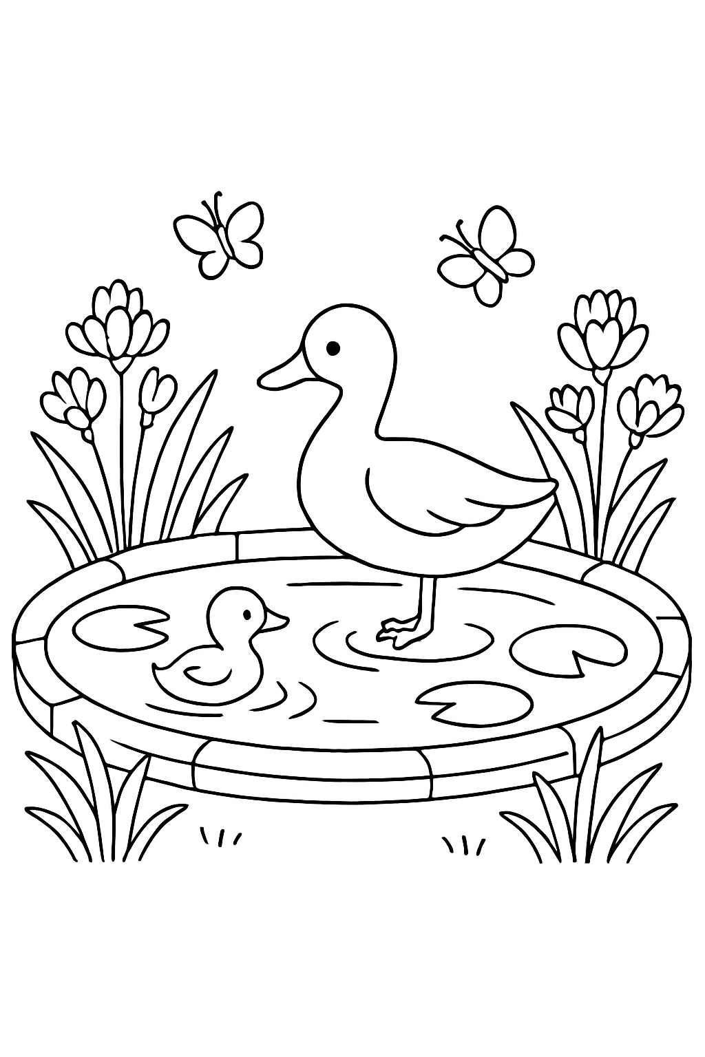 Whimsical Black and White Pond Scene with Ducks Coloring Page