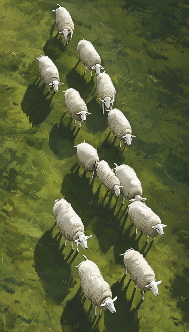 Tranquil Flock of Sheep Grazing in Lush Green Field Mobile Wallpaper