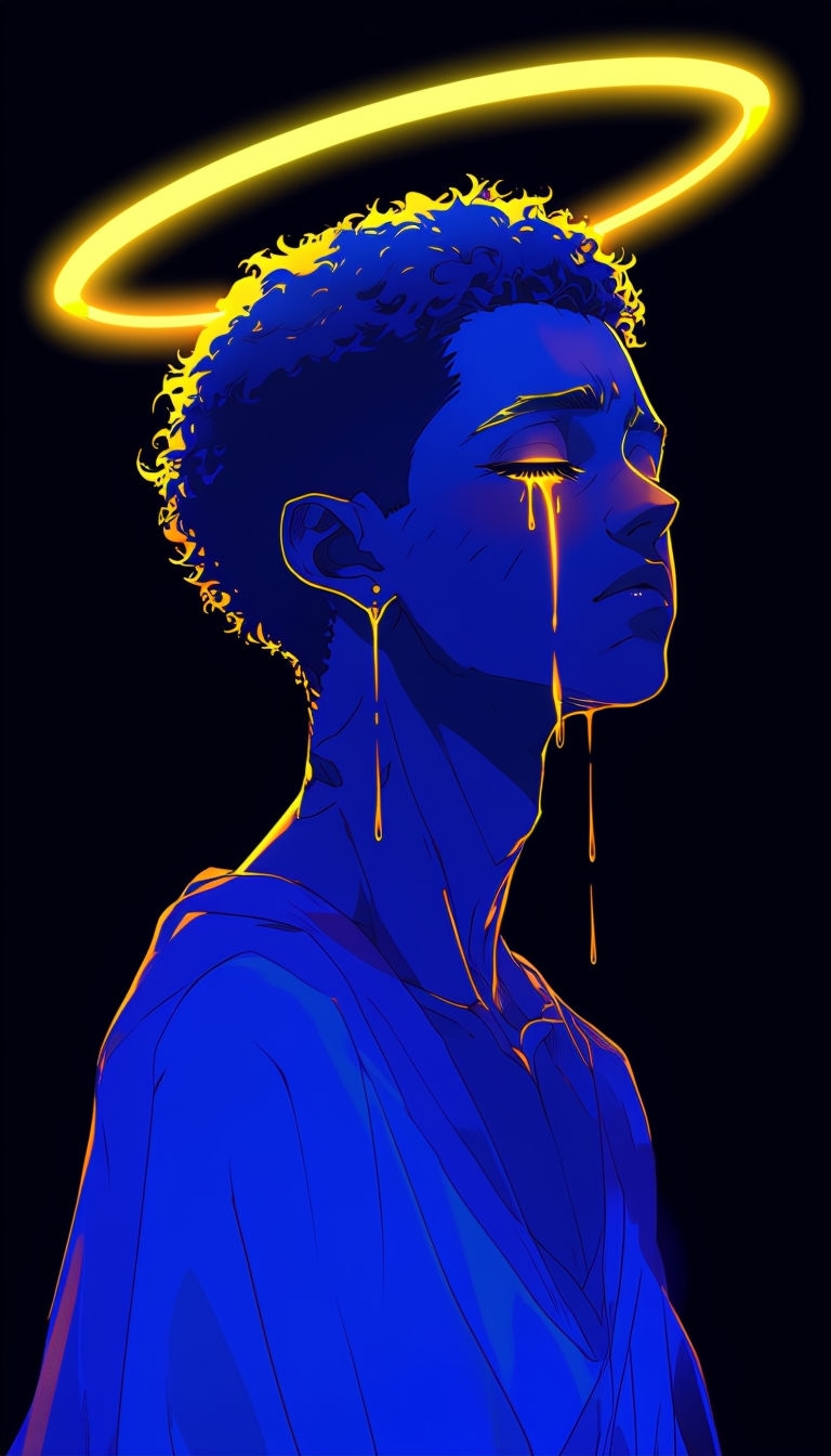 Ethereal Anime-Inspired Figure with Halo and Golden Tears Mobile Wallpaper