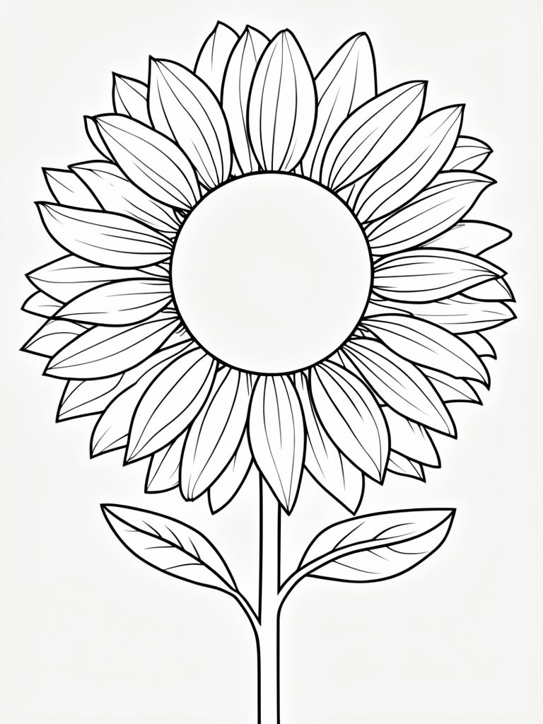 Intricate Black and White Sunflower Line Drawing for Coloring Book Pages
