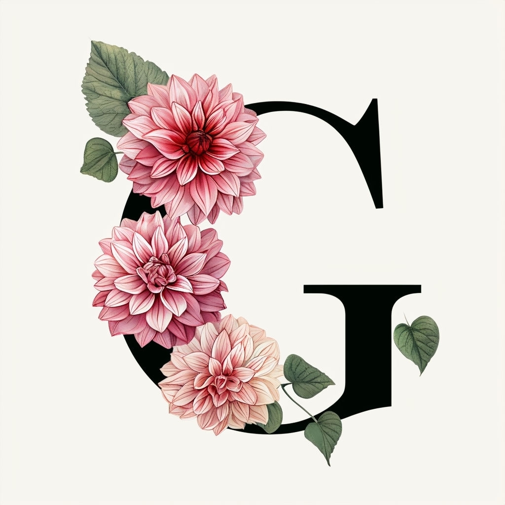 Elegant Floral Letter G Monogram Design with Dahlias and Leaves Monogram