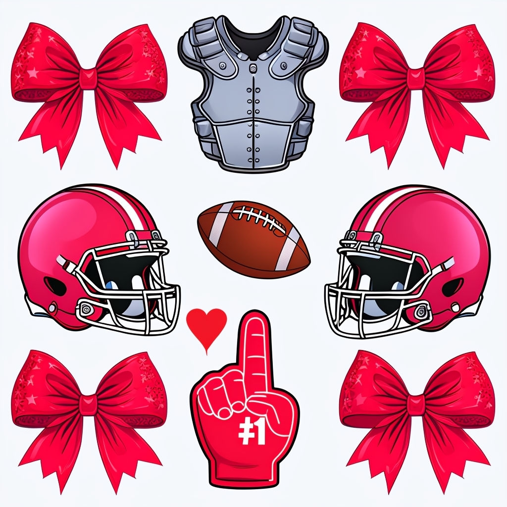 Cartoon Sports-Themed Objects with Red Bows Seamless Pattern