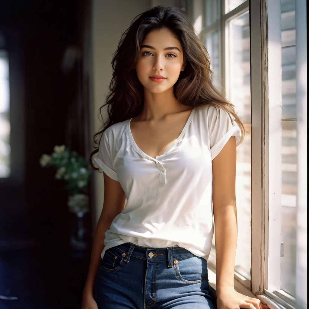 beautiful young Olivia Hussey straight hair dressed in jeans and t-shirt