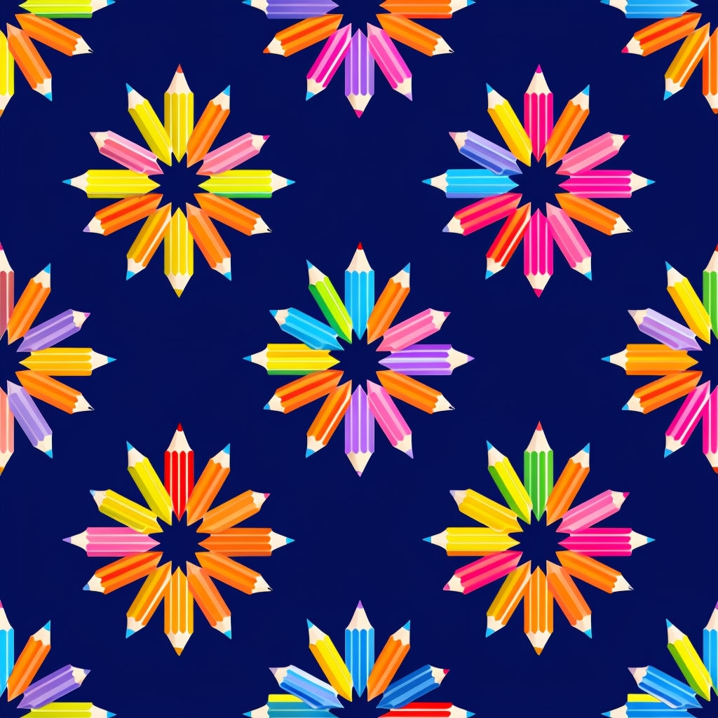 Colorful Pencils and Stars Seamless Pattern on Navy Background