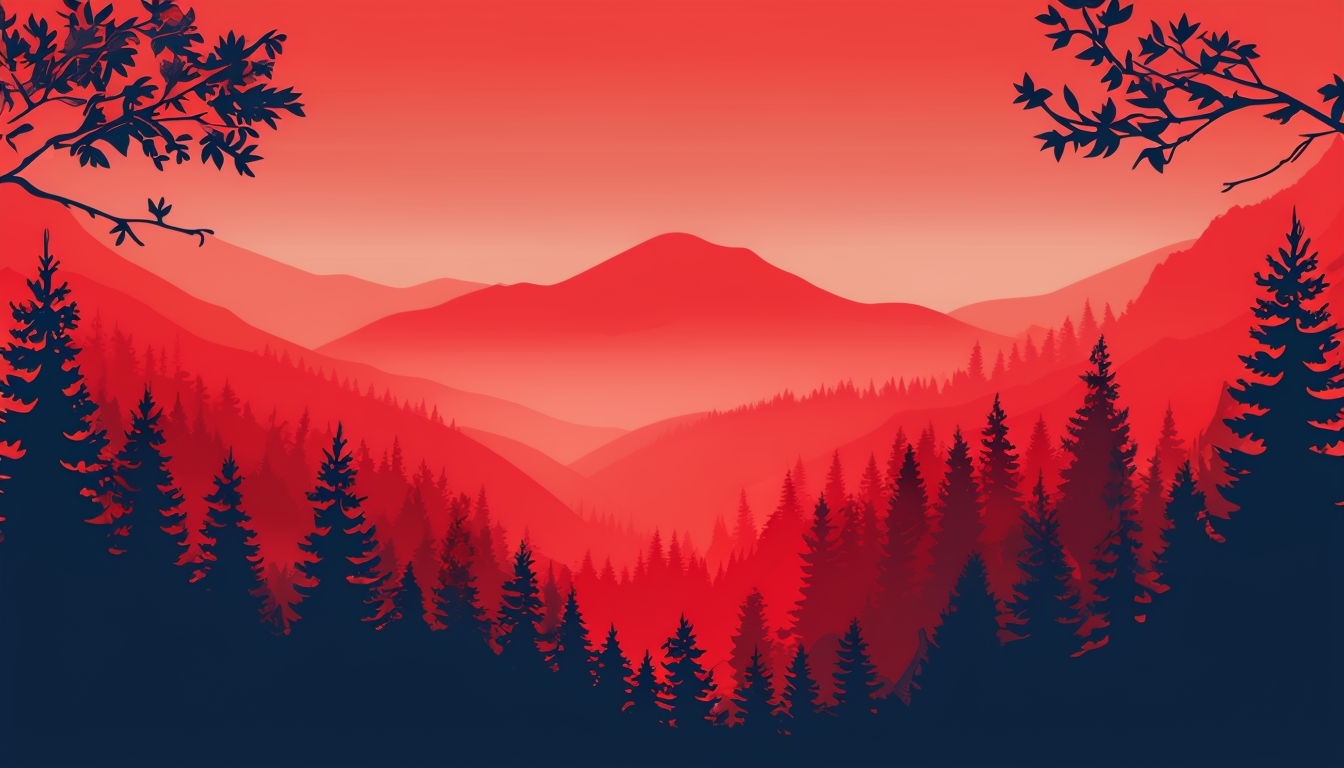 Minimalist Red and Blue Forest Landscape Illustration Background