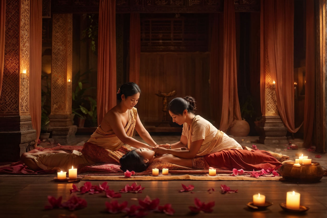 Ancient Thai massage session portrayed using realistic paints, traditional masseuse and recipient, comfort and tranquility fill the room, detailing of hands performing rhythmic kneading and pressure techniques, ancient Sala spa, luscious silk fan curtains, scattered jasmine petals around, worn antique hardwood flooring, faded handmade linens, warm ambient candlelight, ultra detailed, digital painting, UHD, natural light emphasis