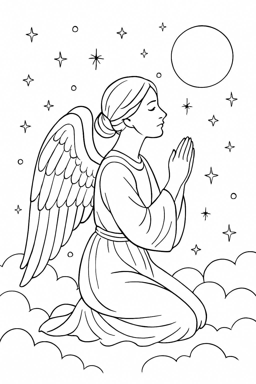 Serene Angel Kneeling on Clouds with Stars Coloring Page
