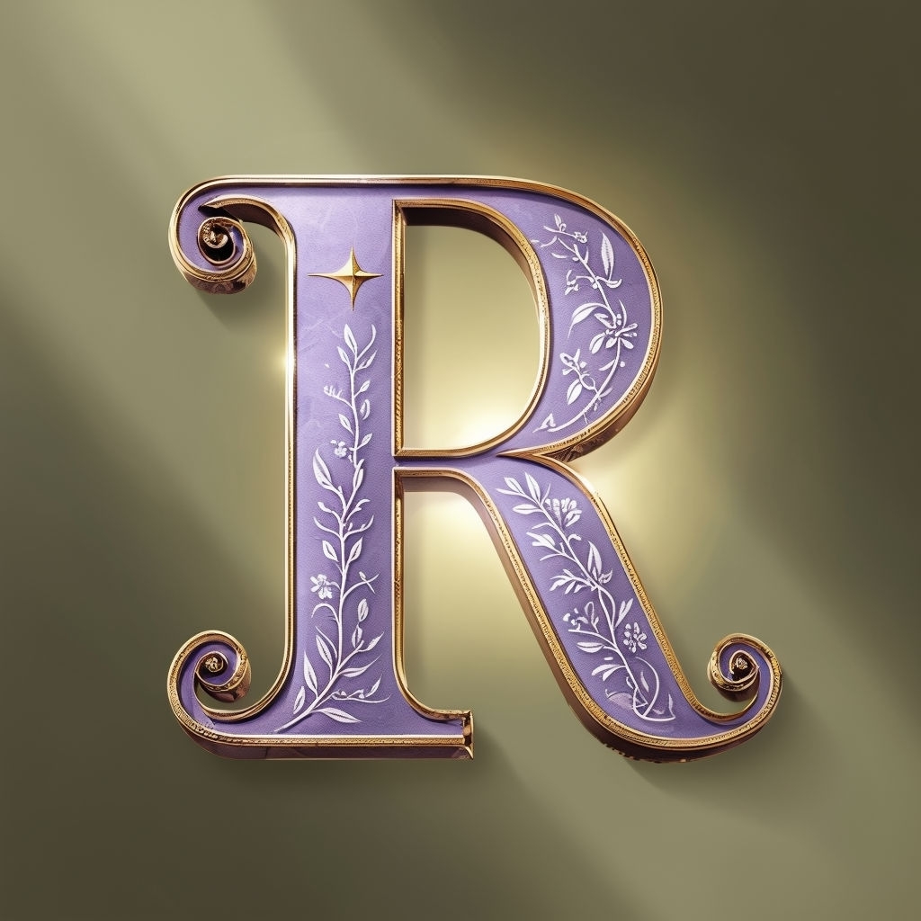 Lavender Purple Ornate Letter R Design on Olive Background Monogram