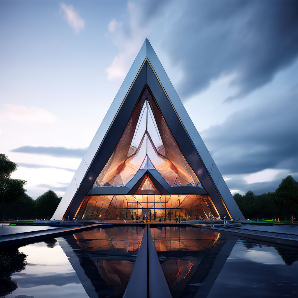 A futuristic building with a triangular roof in an elevated ... by ...