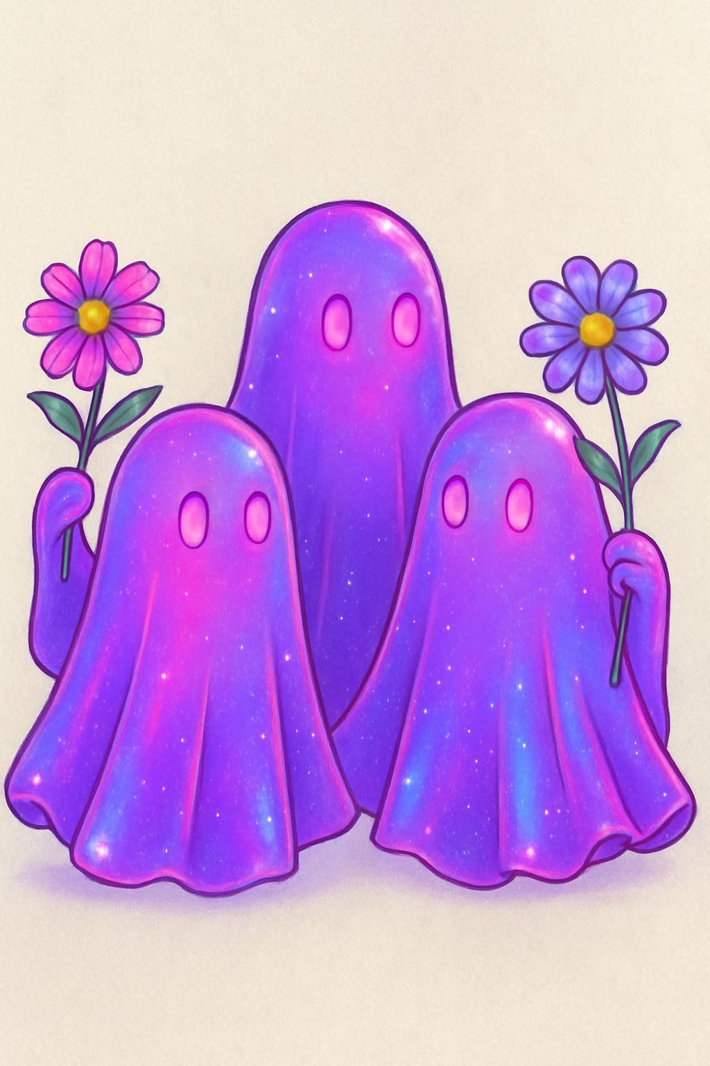 Whimsical Colorful Ghosts Holding Flowers Cartoon T-Shirt