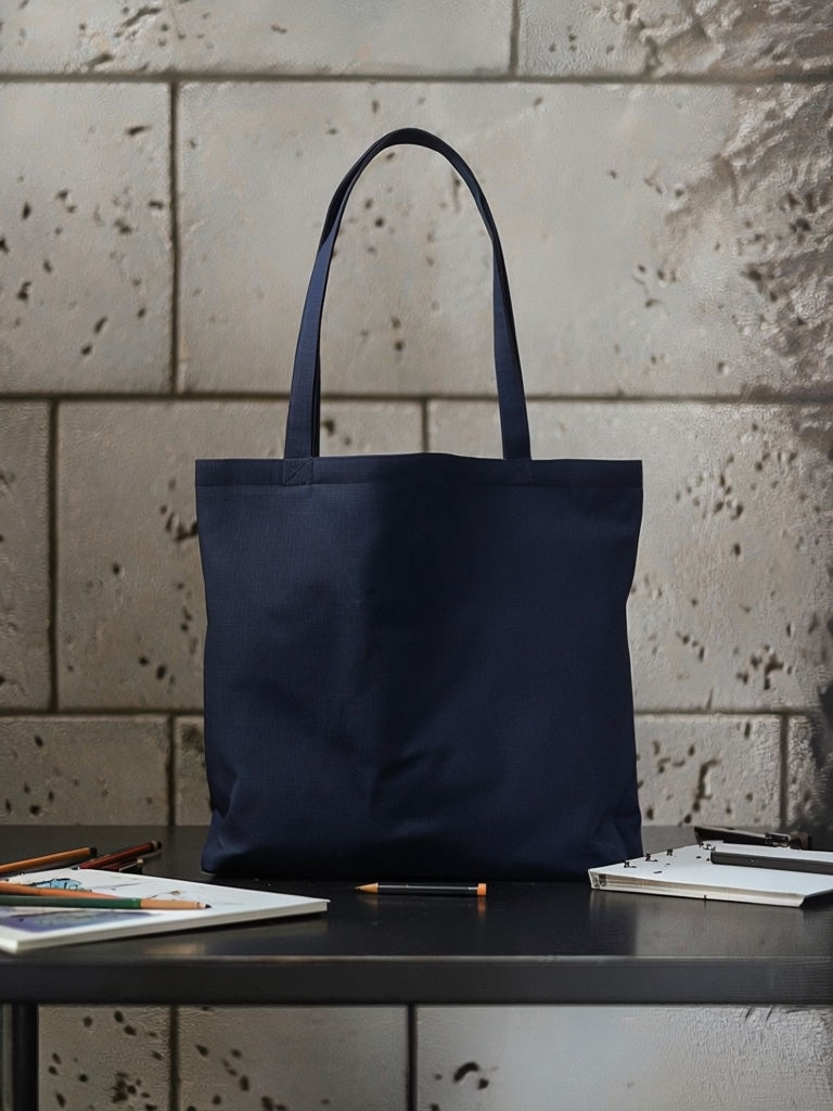 Modern Navy Blue Tote Bag in Creative Workspace Mockup