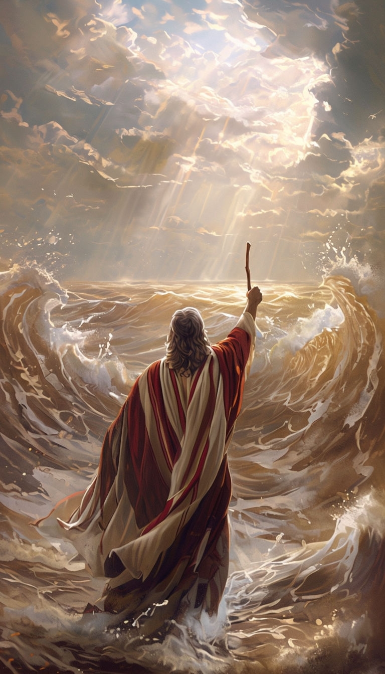 Dramatic Moses Parting the Red Sea Digital Art Wallpaper