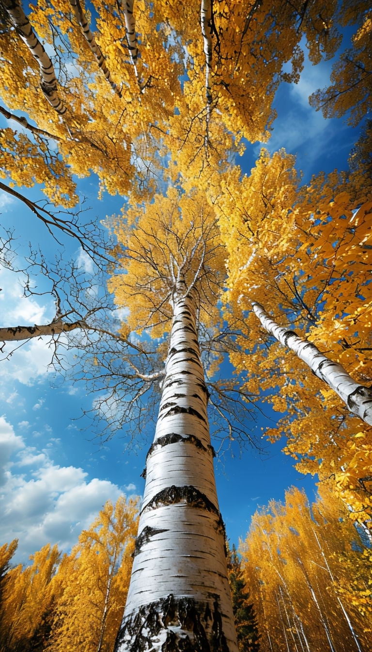 Majestic Birch Tree Against Vibrant Autumn Sky Mobile Wallpaper