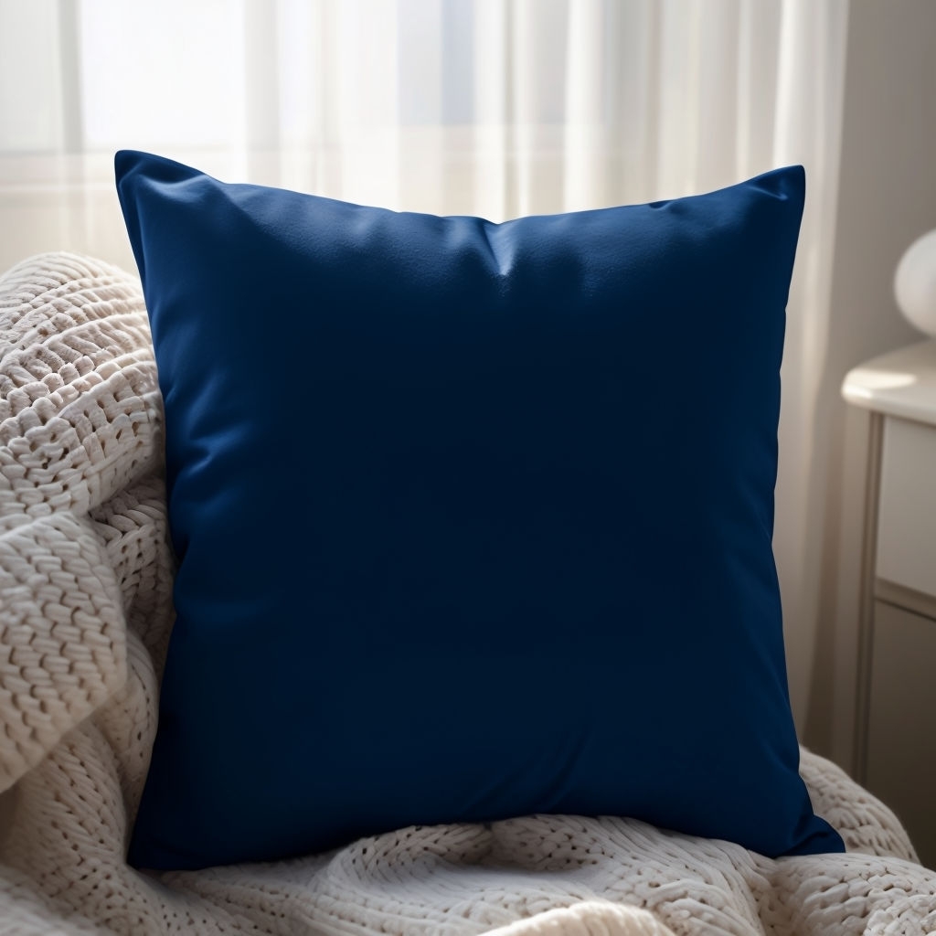 Cozy Navy Blue Pillow Against Cream Knit Blanket Art