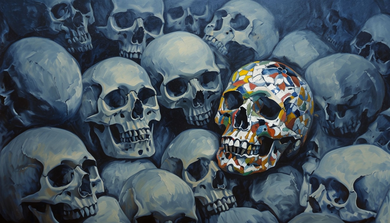 Eerie Skull Arrangement in Crypt with Vibrant Centerpiece Art