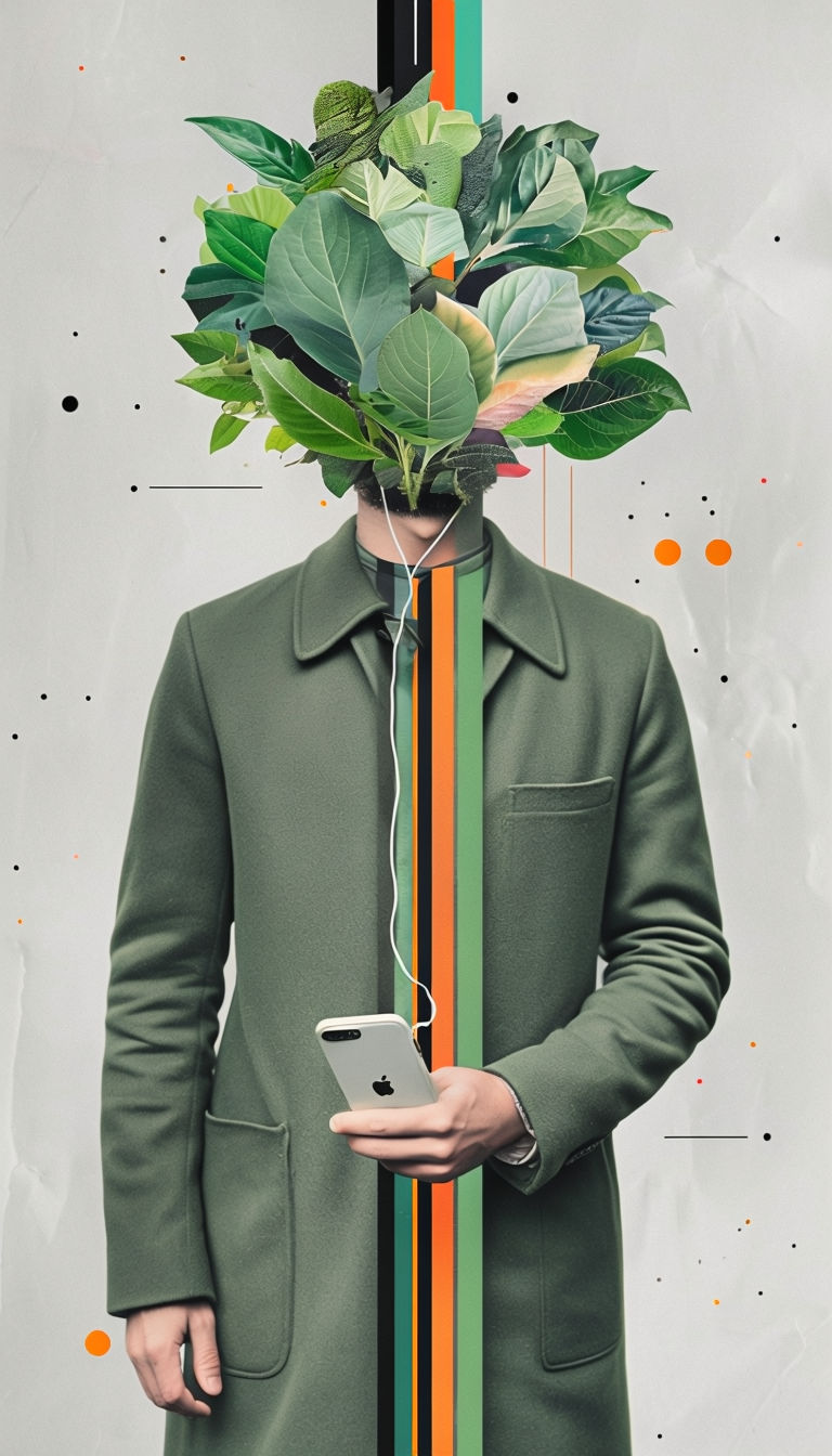 Surreal Floral Collage of Man with Iphone and Leaves Art