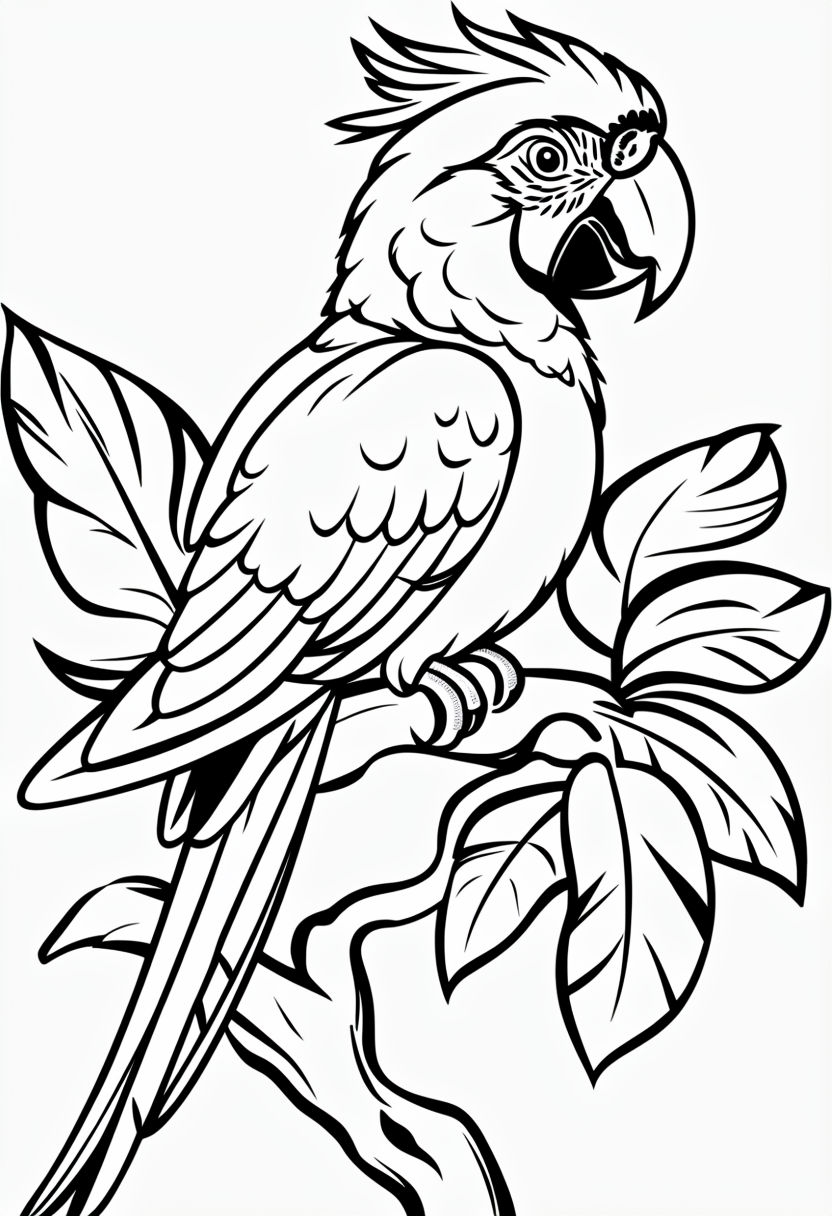 Cheerful Cartoon Macaw on Tropical Branch Coloring Page