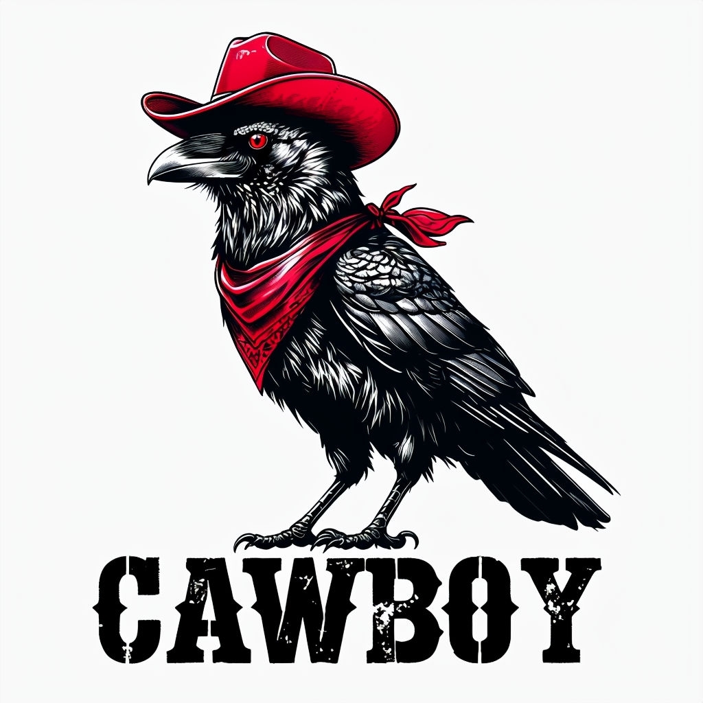 Whimsical Black Crow with Cowboy Hat and Bold CAWBOY Text T-shirt