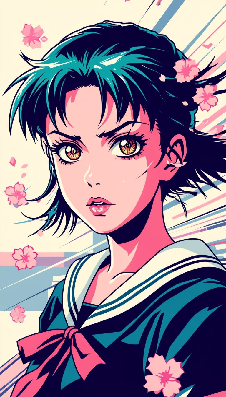 Determined Anime Girl with Teal Hair and Cherry Blossoms Art
