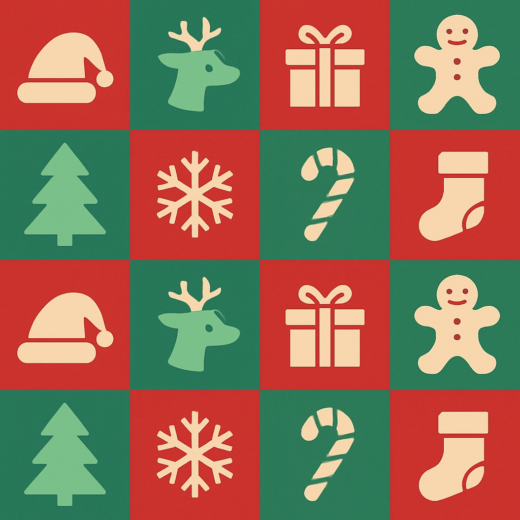 Festive Christmas Icon Grid Pattern in Red and Green Colors Seamless Pattern