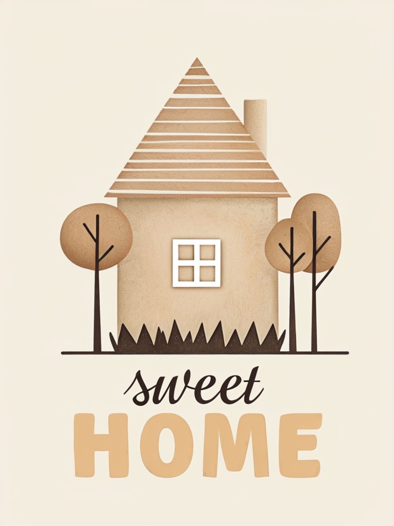 Cozy Minimalist Sweet Home Illustration with Trees Poster