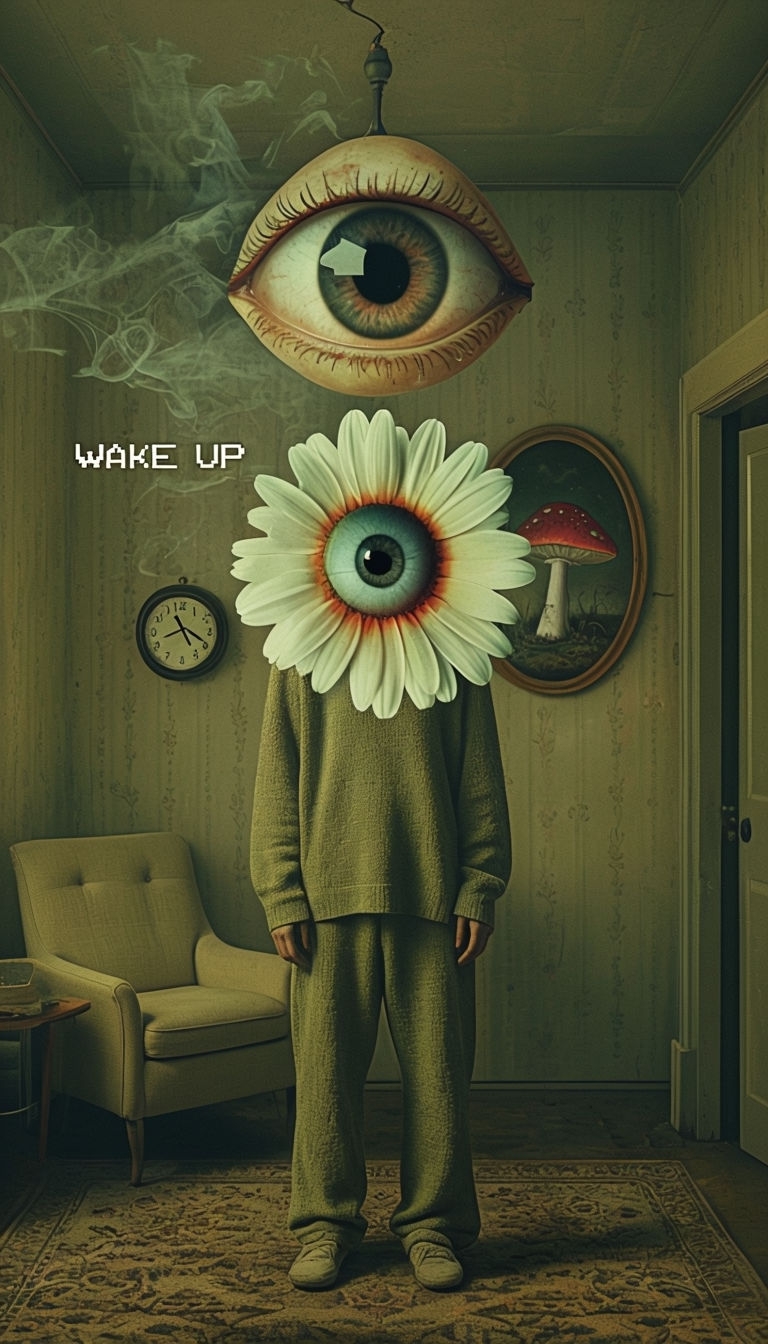 Surreal Dream Room with Daisy Head and Eye Lamp Mobile Wallpaper