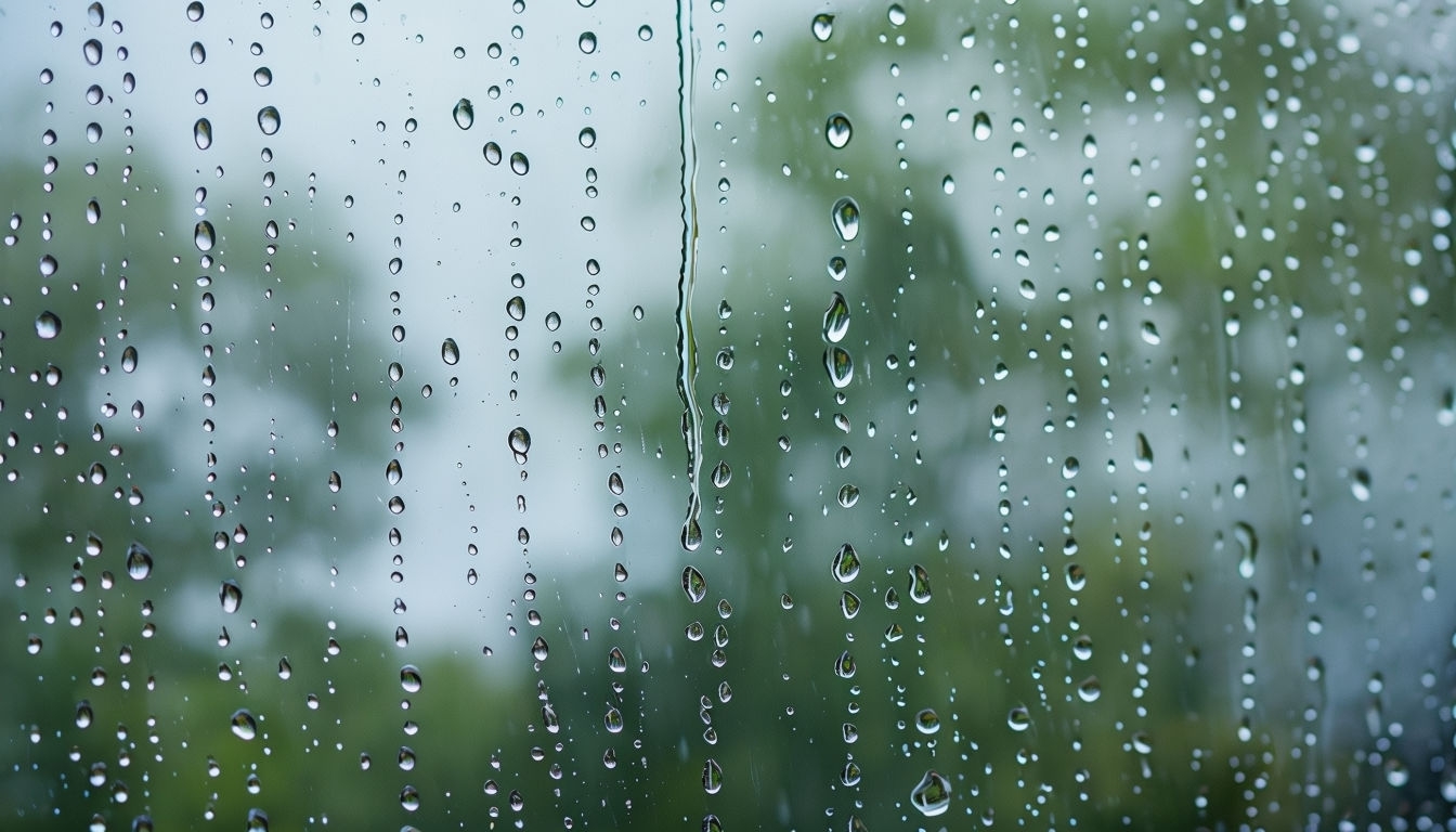 Serene Close-Up of Raindrops on Window with Nature Background Virtual Backgrounds