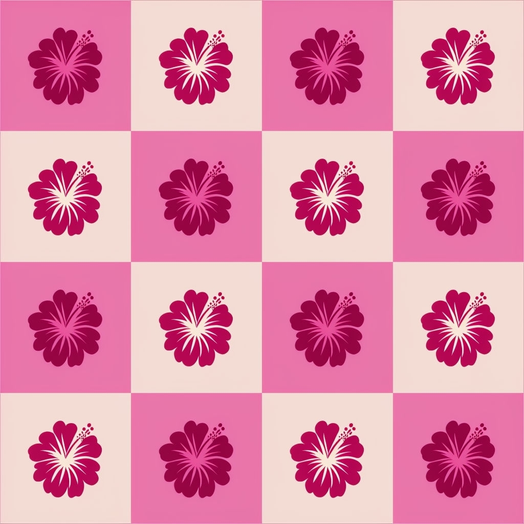 Light and Dark Pink Hibiscus Flower Checkered Pattern Design Seamless Pattern