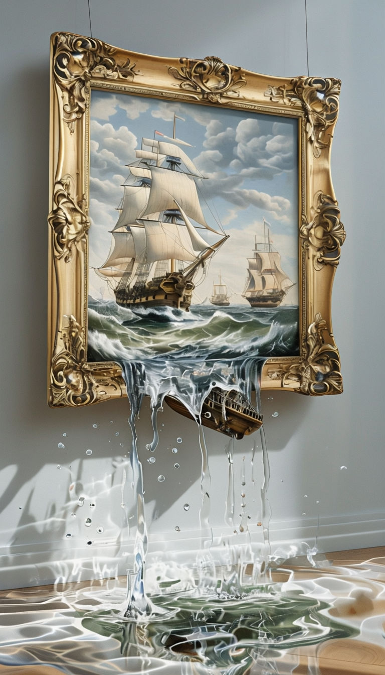 Surrealistic Sailing Ships Emerging from the Painting