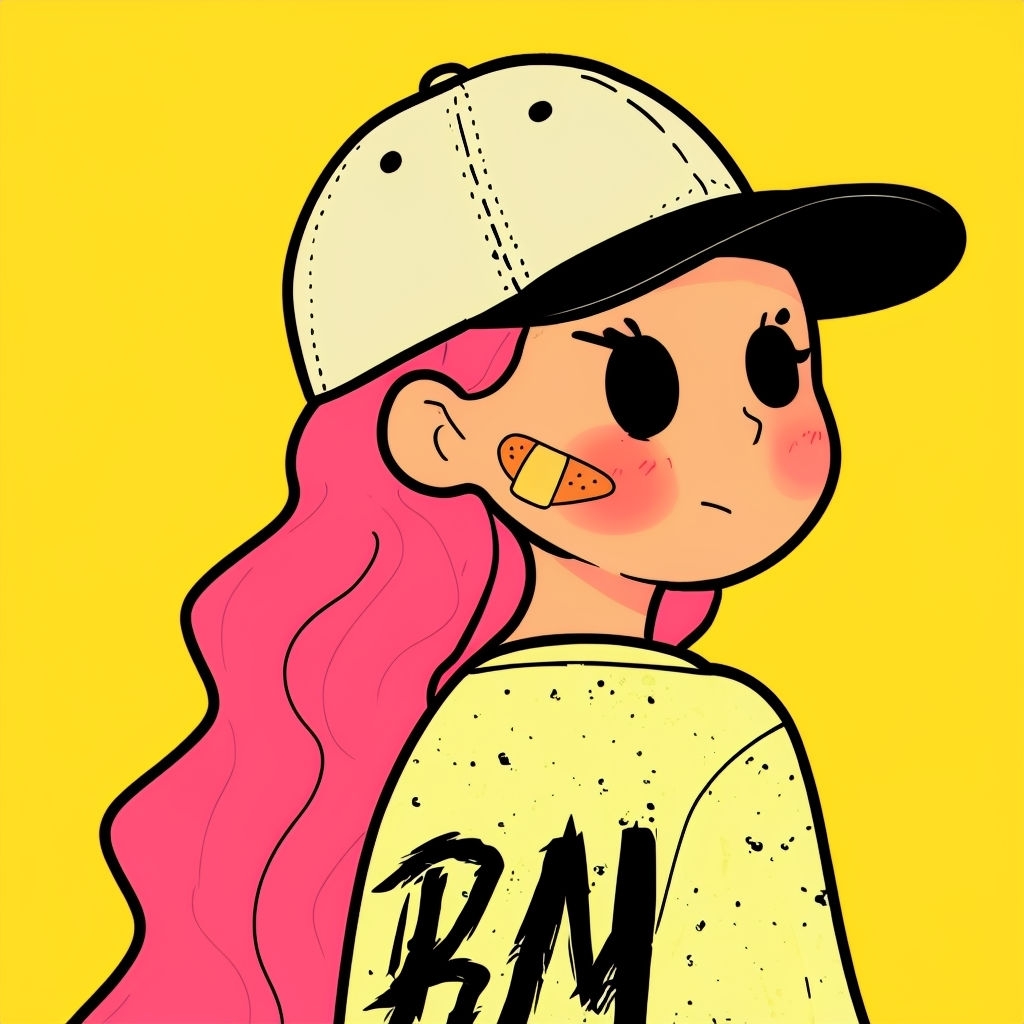 Cartoon Character with Neon Pink Hair and Cap T-Shirt