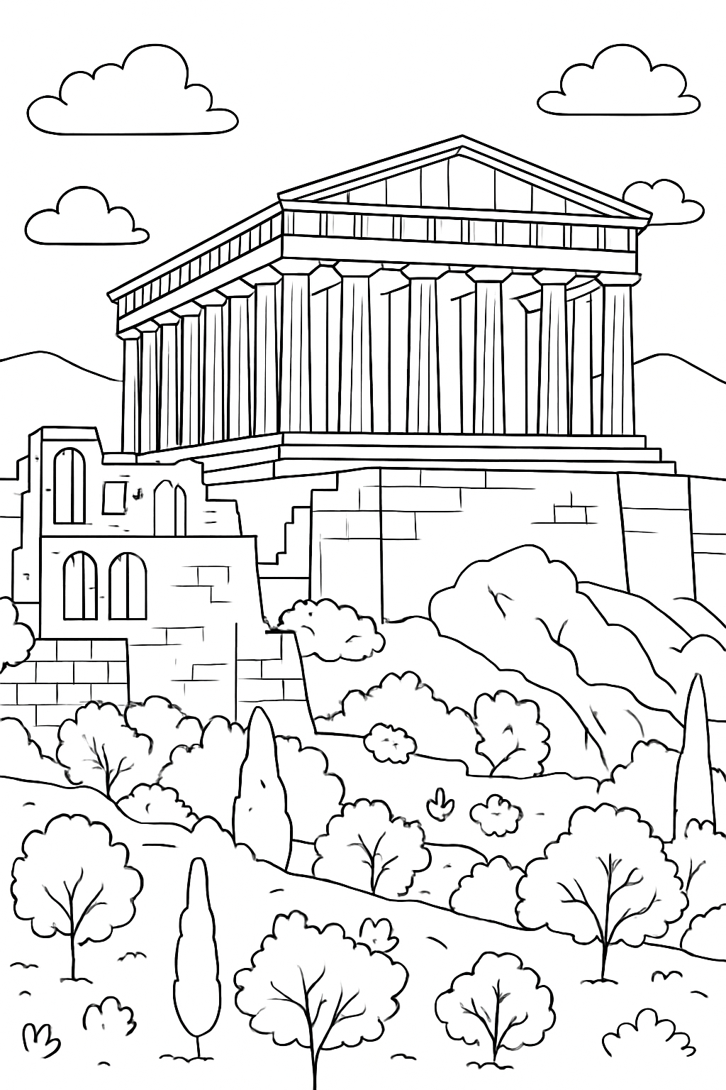Ancient Greek Temple Line Art for Coloring Book Pages