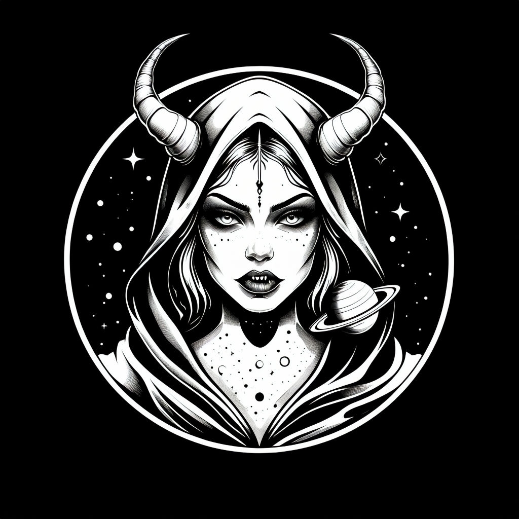 Mystical Cosmic Female Figure in Black and White T-Shirt