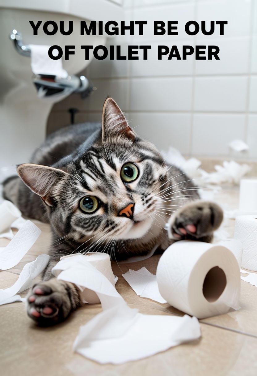 Surprised Cat in Toilet Paper Chaos Humor Photo Memes