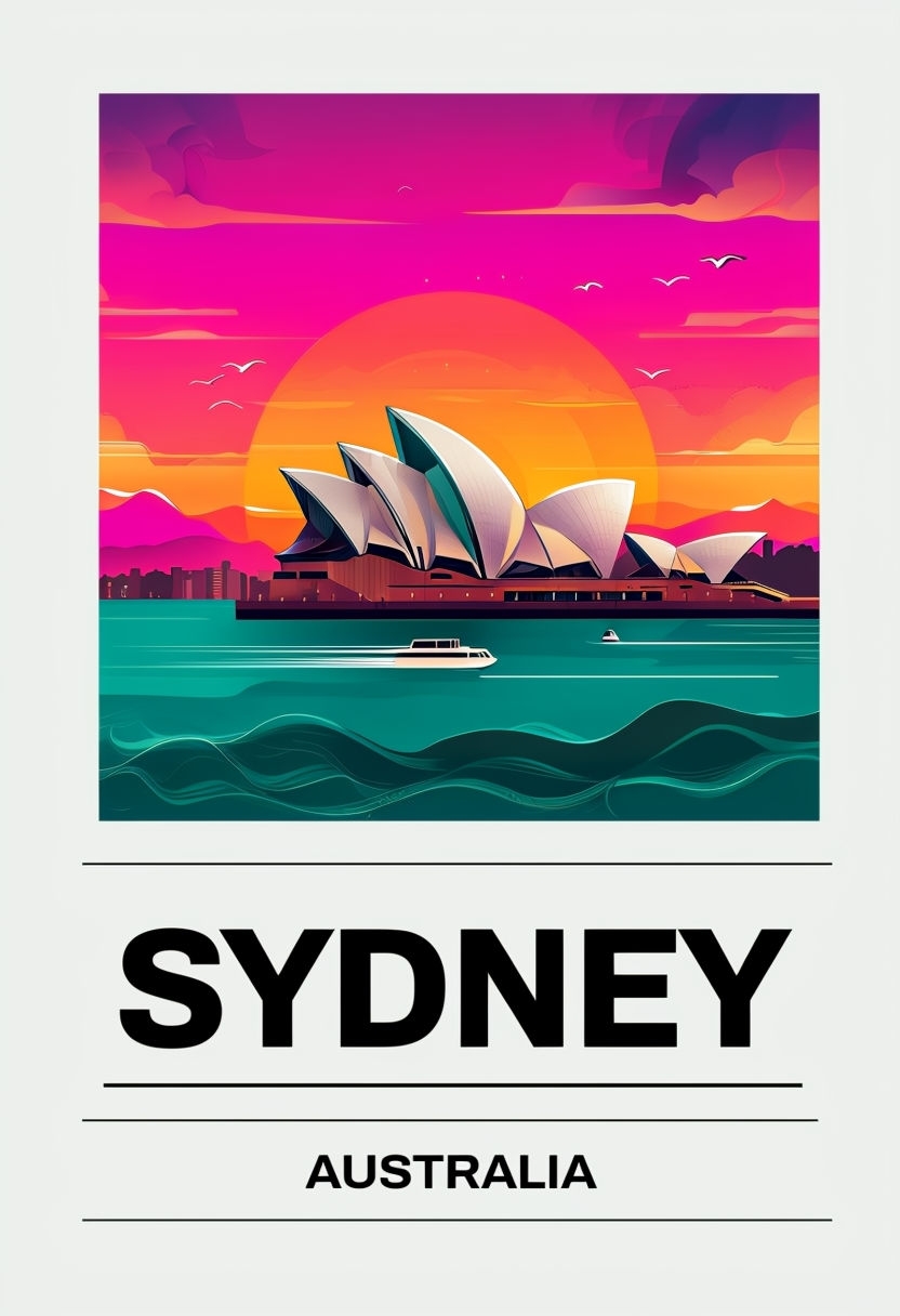 Dynamic Retro Sydney Opera House Sunset Illustration Poster