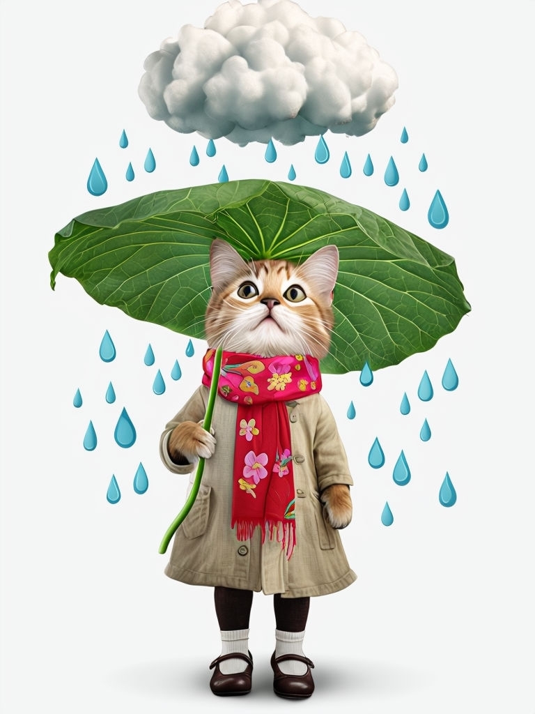 Whimsical Cat-Headed Character with Leaf Umbrella Art