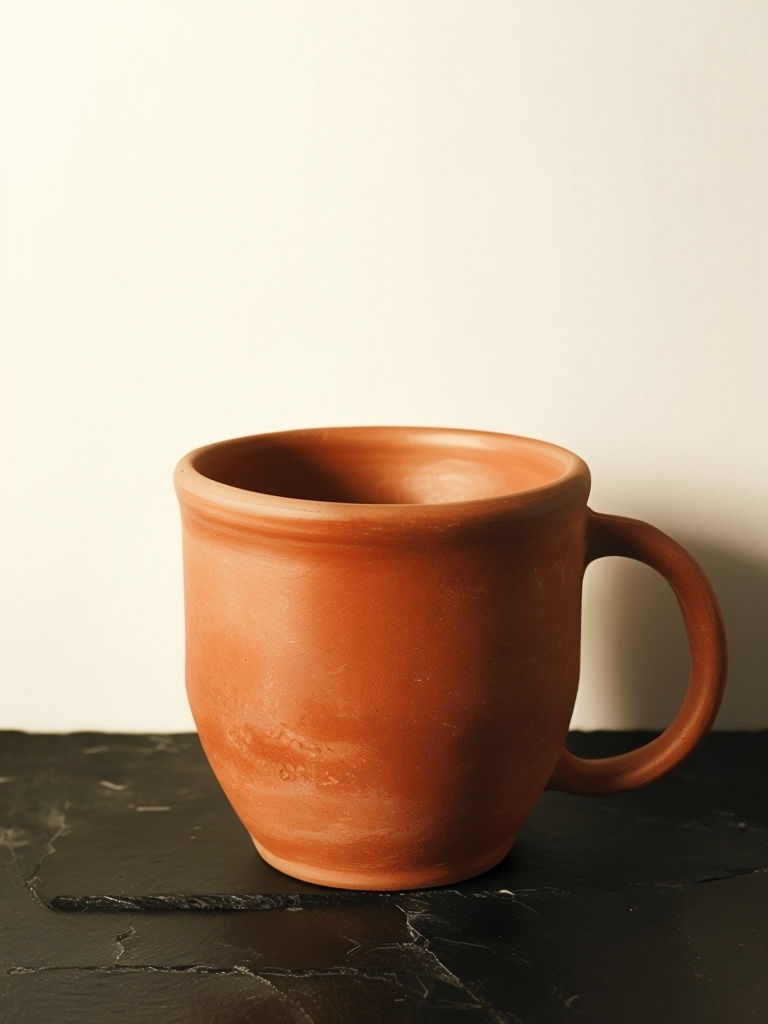 Rustic Terracotta Coffee Mug on Black Slate Surface Mockup