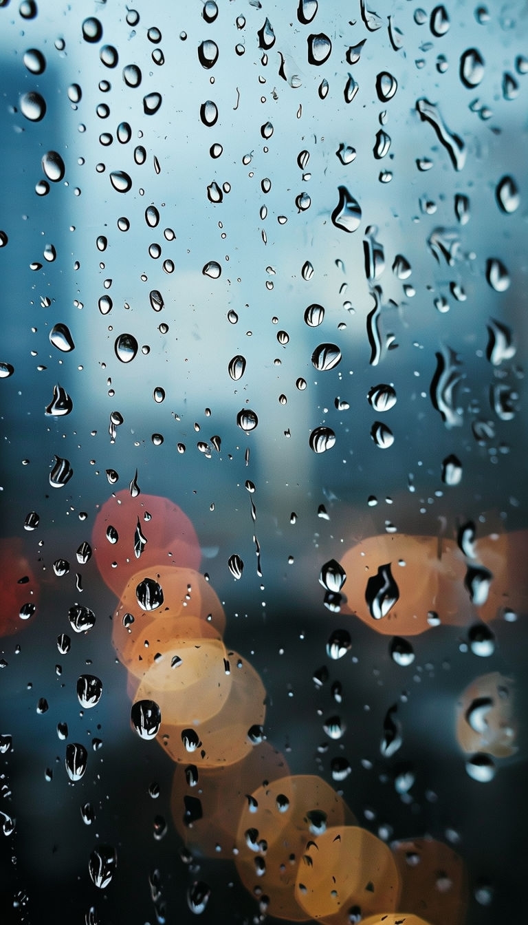 Serene Raindrops on Window with Colorful Blur Background Art