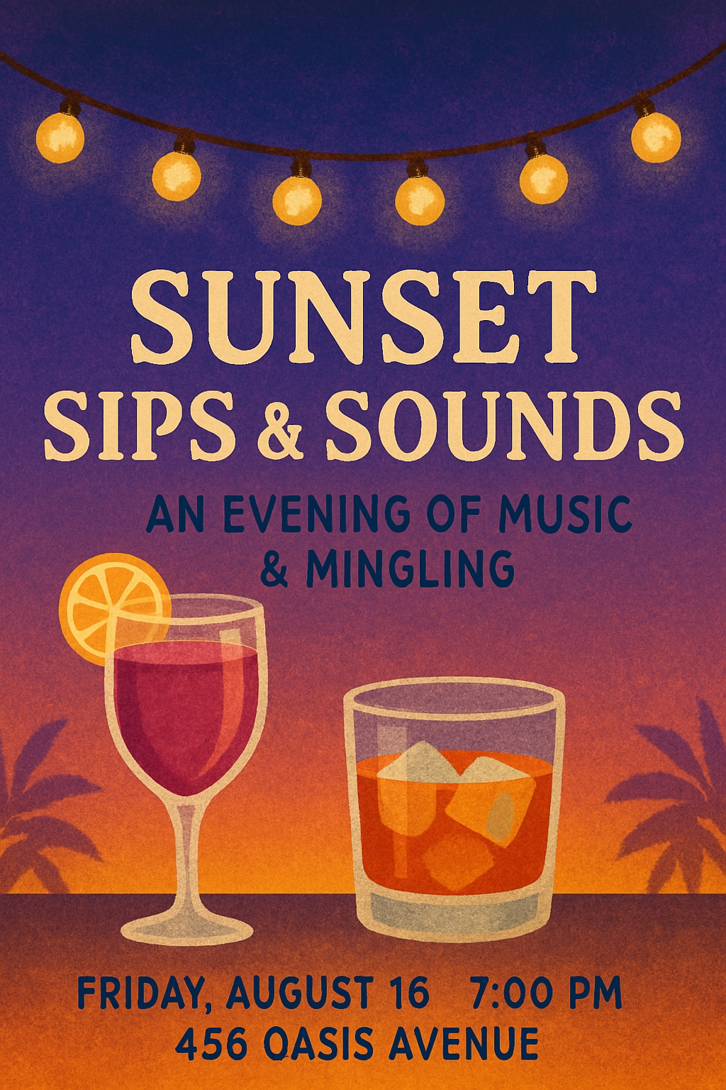 Sunset Sips & Sounds Relaxed Summer Gathering Poster for Event Cards & Invites