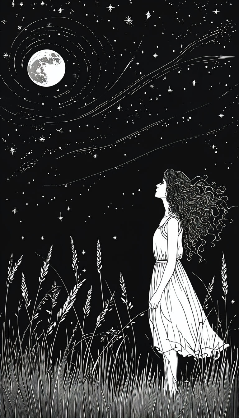 Serene Black and White Night Sky Woman Illustration Mobile Wallpaper