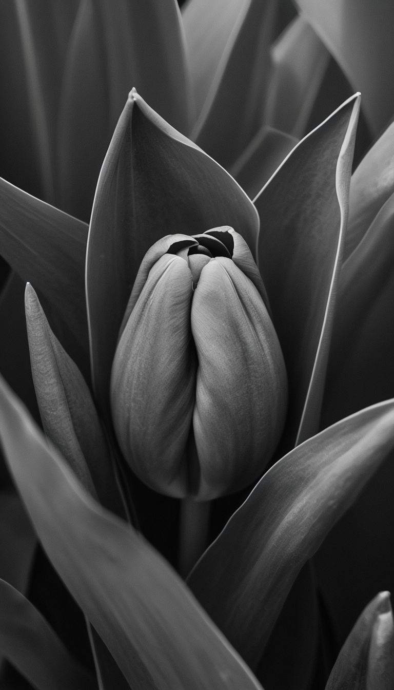 Elegant Black and White Tulip Bud Close-Up Photograph Mobile Wallpaper