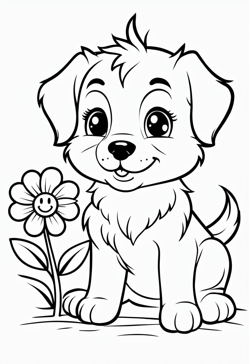 Cute Cartoon Puppy and Flower Line Drawing Coloring Page