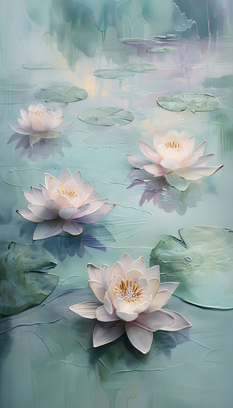 Serene Water Lily Pond Encaustic Painting at Dawn Mobile Wallpaper