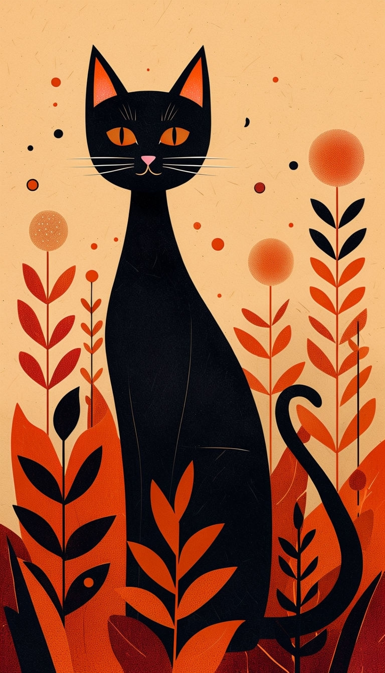 Stylish Minimalist Black Cat with Autumnal Botanical Elements Mobile Wallpaper