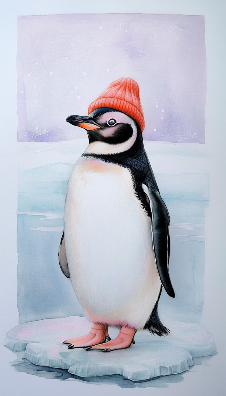 Whimsical Penguin in Red Knit Cap Watercolor Illustration Mobile Wallpaper