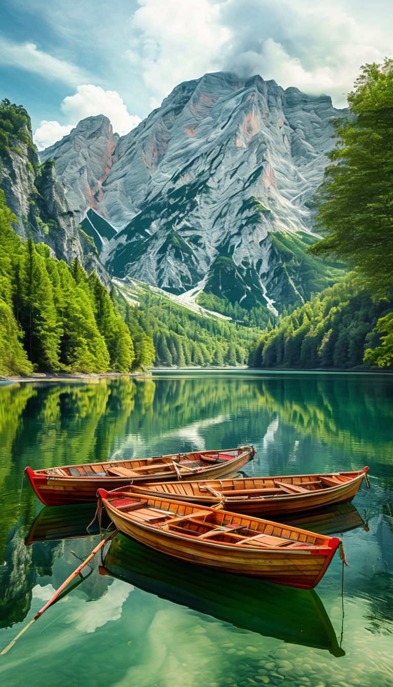 Tranquil Wooden Boats on Calm Lake Landscape Mobile Wallpaper