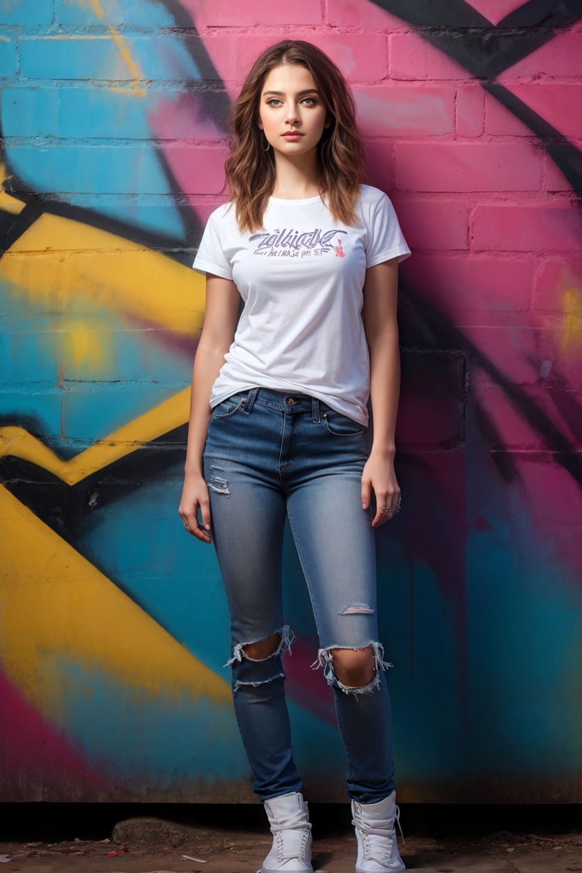 wide full-body picture of attractive provocative voluptuous Milana Vayntrub  wearing simple flattering provocative tight tailored full-length blue  bootcut jeans with realistically-massive feminine thighs