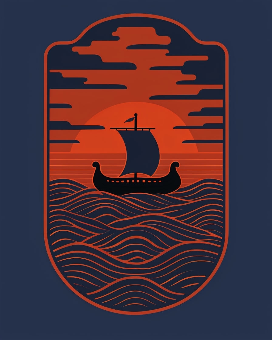 Stylized Longship Sailing Graphic on Deep Navy Blue T-Shirt