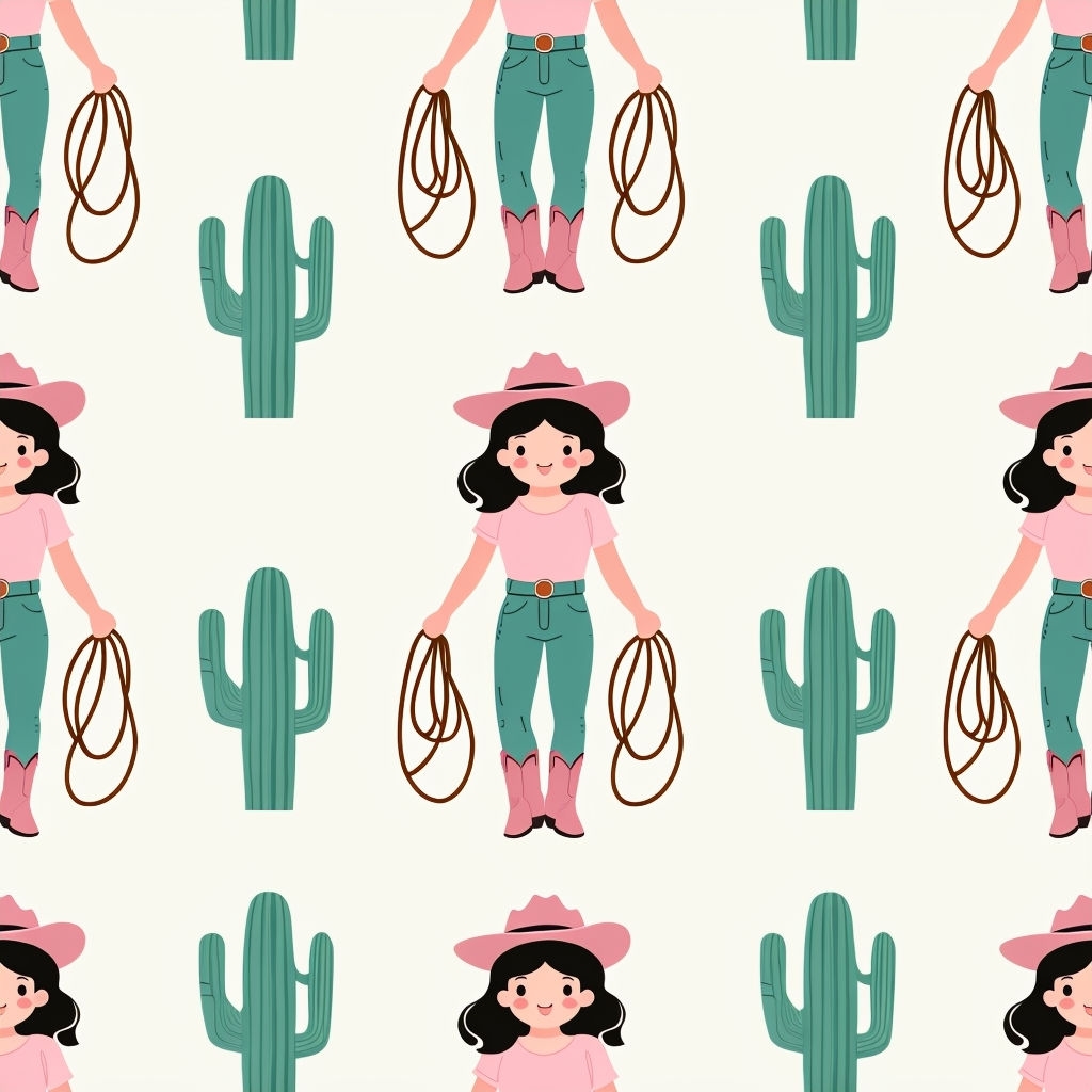 Cute Cowgirls and Cacti Illustrations Seamless Pattern Design