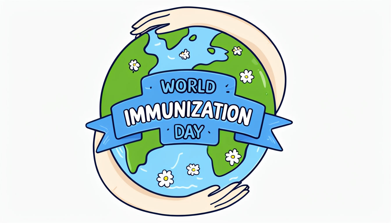 Cheerful Cartoon Globe with Embracing Hands for World Immunization Day Poster